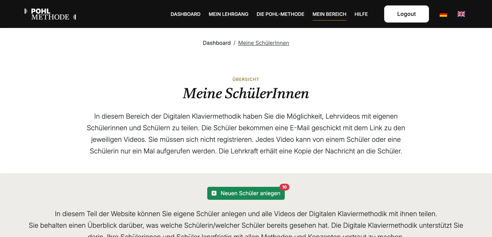 Bereich Meine SchülerInnen zum Teilen von Videos