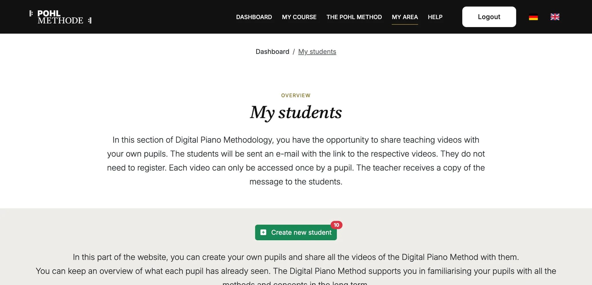 The “My students” area for sharing videos