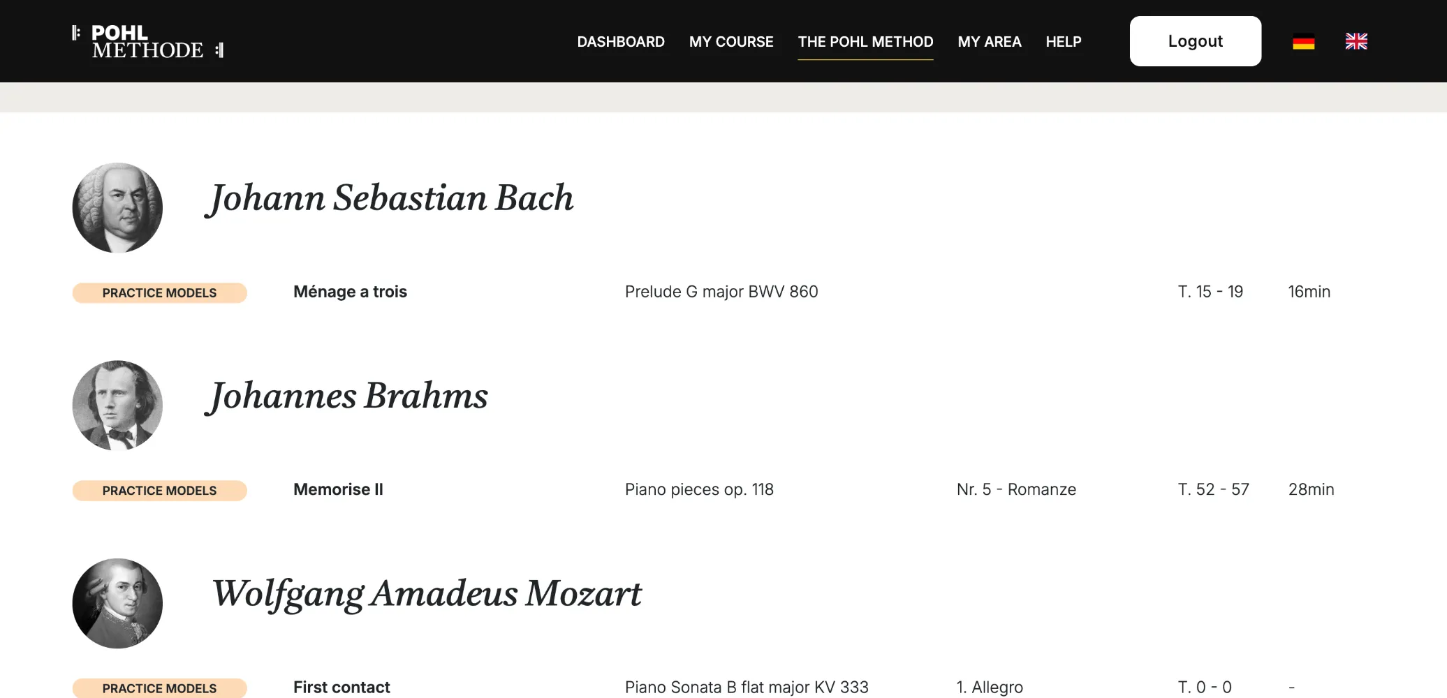 Practice models ordered by composer