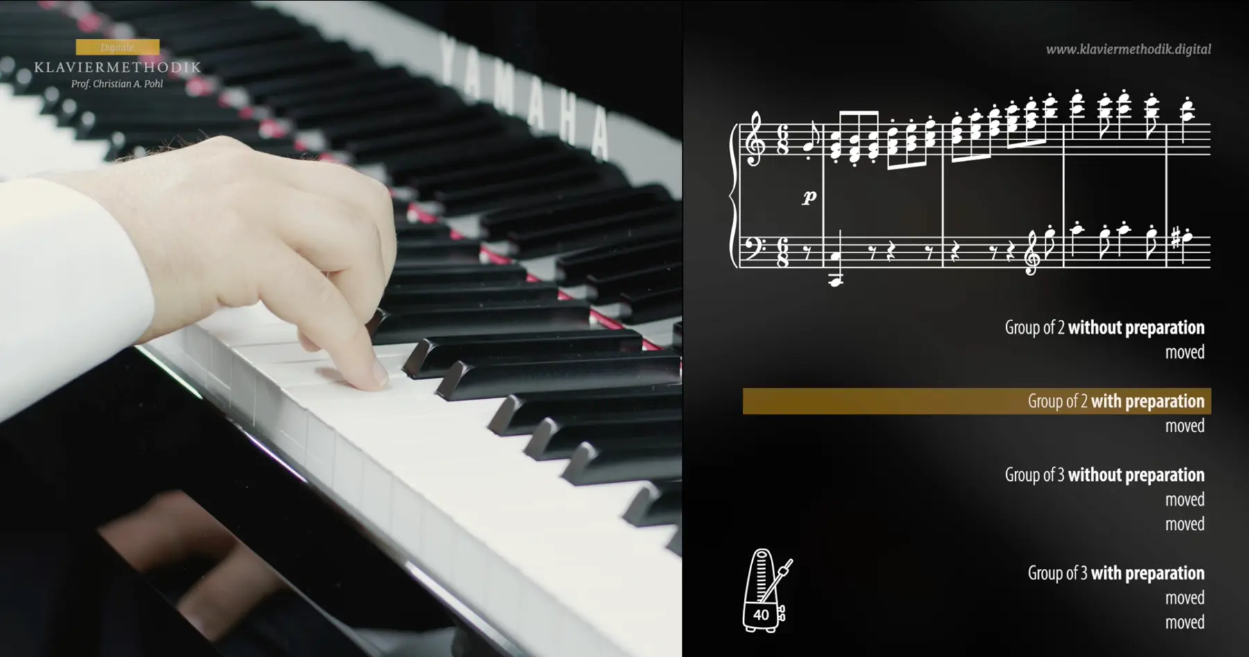 Still from the video lesson on the Grouping Method: hands at the piano, score and practice steps alongside