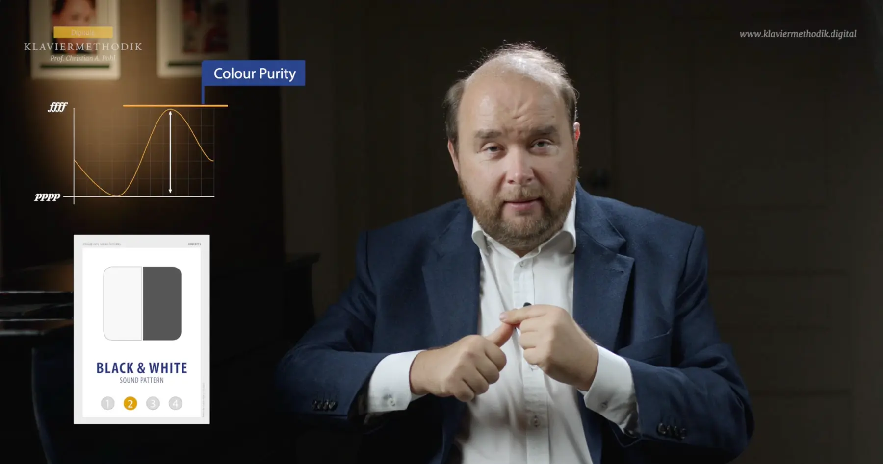 Still from the video lesson on Dynamic Amplitude: Prof. Pohl explains, next to the learning card “Black-and-white sound image”