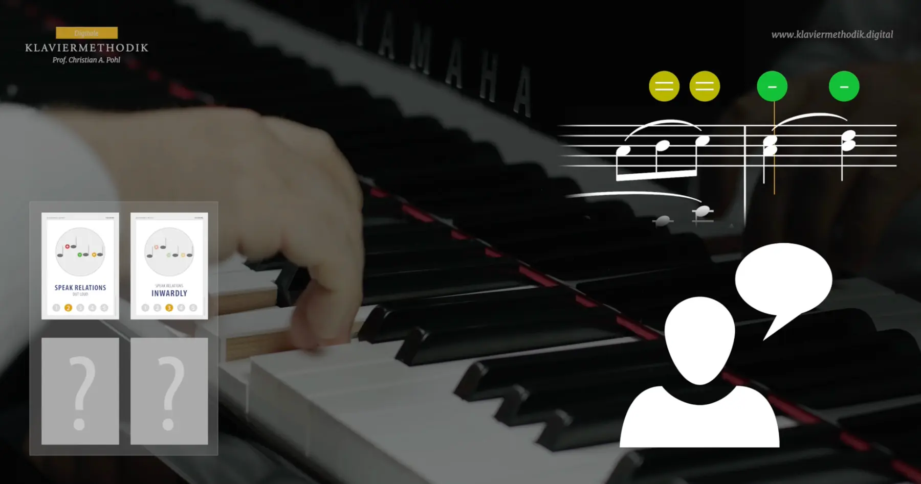 Still from the video lesson on the Microdynamics Method: hand on the key, score with markings